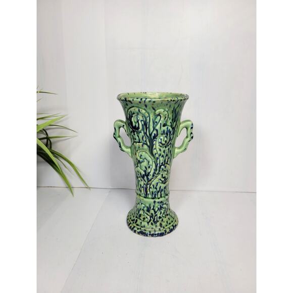 Vintage Green & Cobalt Pottery Vase, Double Handle, Japan - Picture 1 of 5